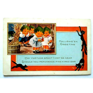Halloween Postcard Whitney Pixies Green Hair Fantasy Children Black Cats Border